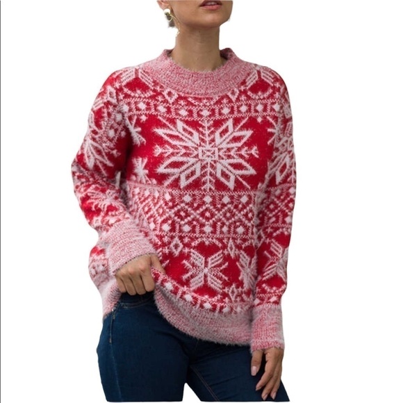 Retro Red Snowflake Pattern Long Sleeve Sweater size Large NWT - Picture 1 of 8